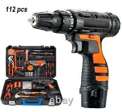 112PCS 12V Cordless Drill Driver Set Household Hand Tool Kit with 2 Li-Batteries