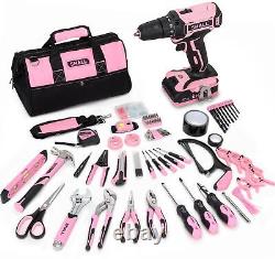 247Pcs 20V Cordless Drill Driver & Household Tool Kit for Women, Pink Electri