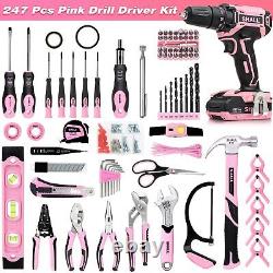 247Pcs 20V Cordless Drill Driver & Household Tool Kit for Women, Pink Electri