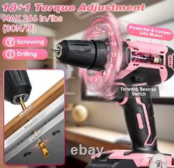 247Pcs 20V Cordless Drill Driver & Household Tool Kit for Women, Pink Electric