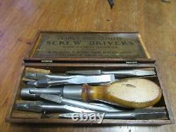 Antique Clark's R. H. Brown Screw Driver Set with BITS Wooden Box 19th excepti