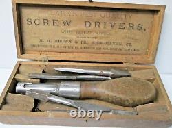 Antique Clark's R. H. Brown Screw Driver Set with Wooden Box RARE