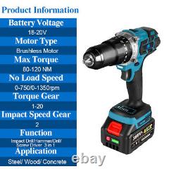 Cordless Electric Impact Driver Hammer Drill Combo Tool Kit 18V Battery 4000 RPM