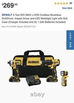 DeWalt Drill, Impact Driver & Light 3 Tool v20 Brushless Set. 2 Batteries & Case