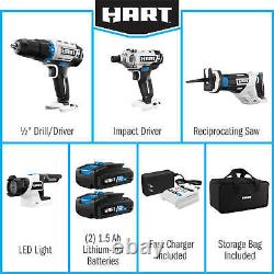 HART 20-Volt Cordless 4-Tool Combo Set 1.5Ah Lithium-Ion Batteries Drill Driver