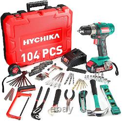 HYCHIKA 20V Home Tool Kit 104PC Cordless Drill Driver Set withBattery Charger Case
