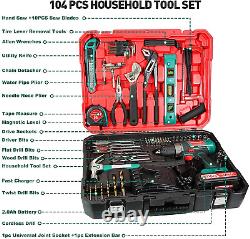 HYCHIKA 20V Home Tool Kit 104PC Cordless Drill Driver Set withBattery Charger Case