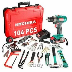HYCHIKA 20V Home Tool Kit with Case, 104 PCS Cordless Drill Driver Tool Set