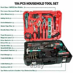 Hychika 20v Home Tool Kit With Case 104 Pcs Cordless Drill Driver Tool Set