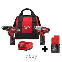 Milwaukee 2 Tool M12 Lithium Ion Cordless Drill Driver Combo Kit 2.0 Ah Battery