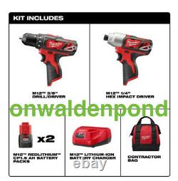 Milwaukee M12 2-tool Combo Kit 3/8 Drill Driver 1/4 Hex Impact W Batteries