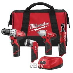 Milwaukee M12 Cordless LITHIUM-ION 4 Tool Combo Kit DRILL DRIVER RATCHET 2493-24