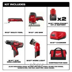 Milwaukee Power Tool Combo Kit 12-V Two 1.5 Ah Batteries Charger Cordless 4-Tool