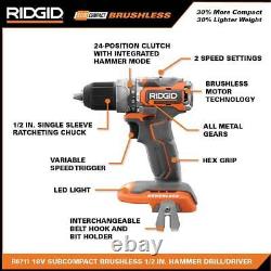 RIDGID 1/2 Hammer Drill/Driver Kit 18V SubCompact With Battery +Charger +Tool Bag