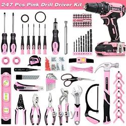 SHALL 247Pcs 20V Cordless Drill Driver & Household Tool Kit for Women Pink Po