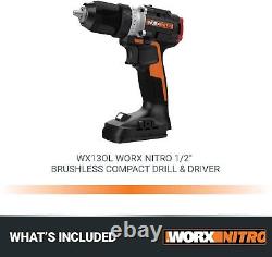 Worx Nitro 20V Cordless 1/2 Drill Driver with Brushless Motor, Compact &