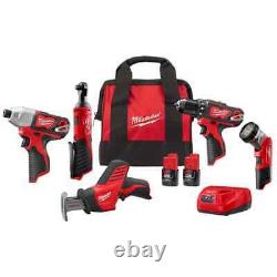 Ensemble Milwaukee M12 Li-Ion 5 outils avec 2 batteries, chargeur, sac 2498-25? NEW