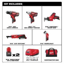 Ensemble Milwaukee M12 Li-Ion 5 outils avec 2 batteries, chargeur, sac 2498-25? NEW