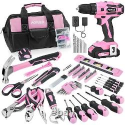 Ensemble d'outils rose de 236 pièces avec perceuse-visseuse sans fil 20V 2000mAh, pour femme