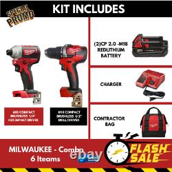 Milwaukee 2892-22CT M18 18V 2-Tool Drill Driver and Impact Driver Combo Kit Nouveau