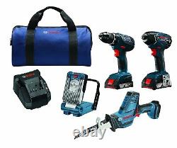 Nouveau Bosch 18v 4-tool Kit Compact Drill Impact Driver Reciprocating Saw Led Light