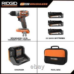 Ridgid 1/2 Hammer Drill/driver Kit 18v Subcompact Avec Batterie + Chargeur + Sac D'outils